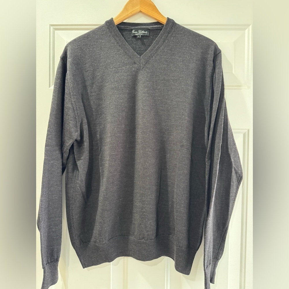 Mario Gilberti Men’s 100% Merino Wool V-Neck Sweater in Gray, Long sleeve, L